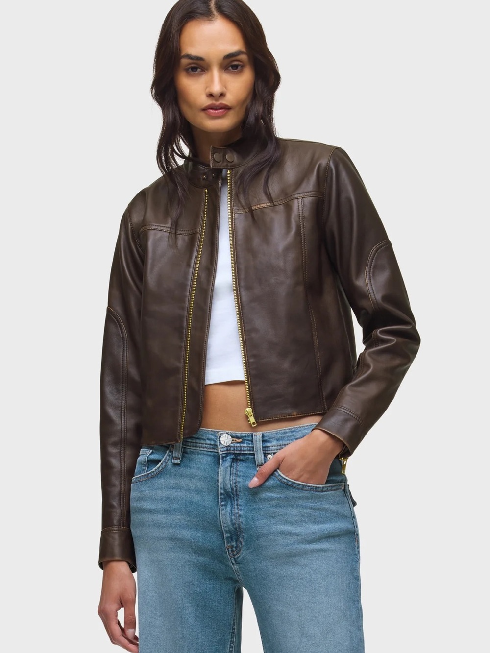 BolBolina Women's Dark Brown Leather Zip-Front Moto Jacket